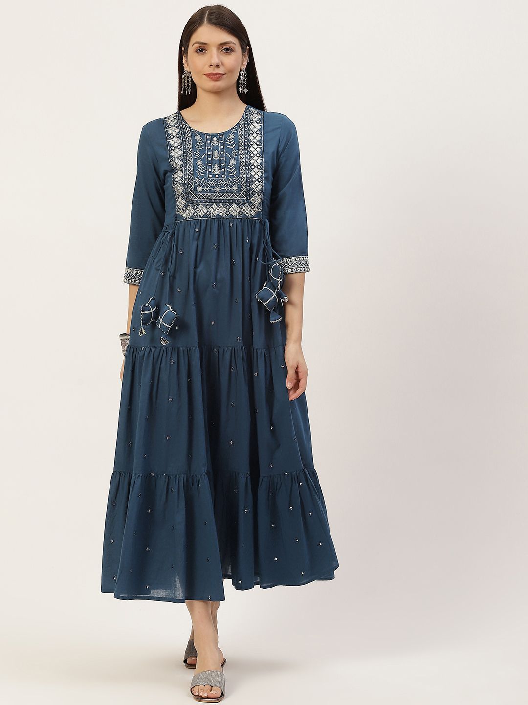 YELLOW CLOUD Teal Blue Ethnic Motifs Yoke Design Tiered Cotton A-Line Ethnic Dress Price in India