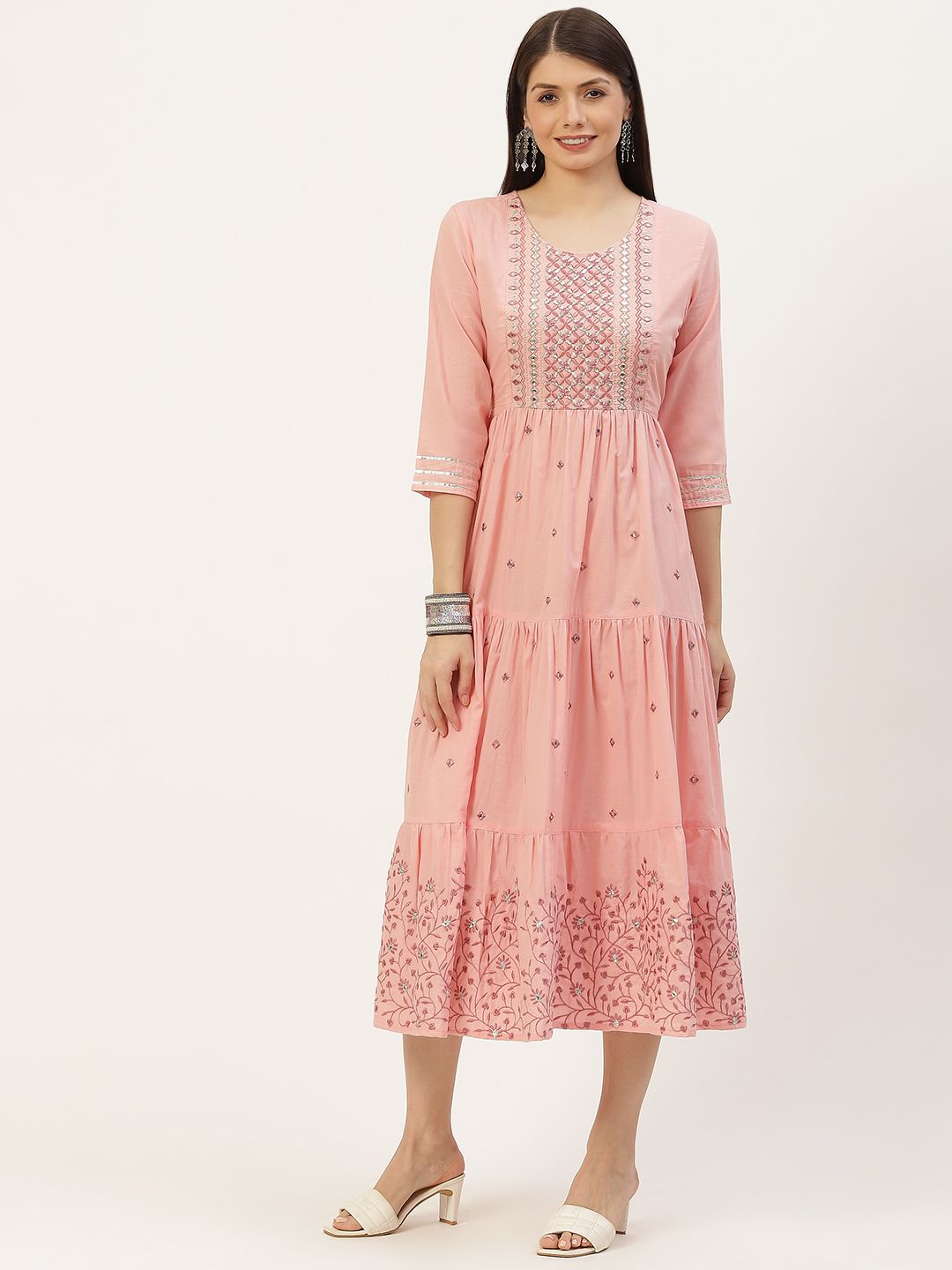 YELLOW CLOUD Peach-Coloured Ethnic Motifs Embroidered Tiered Cotton A-Line Ethnic Dress Price in India