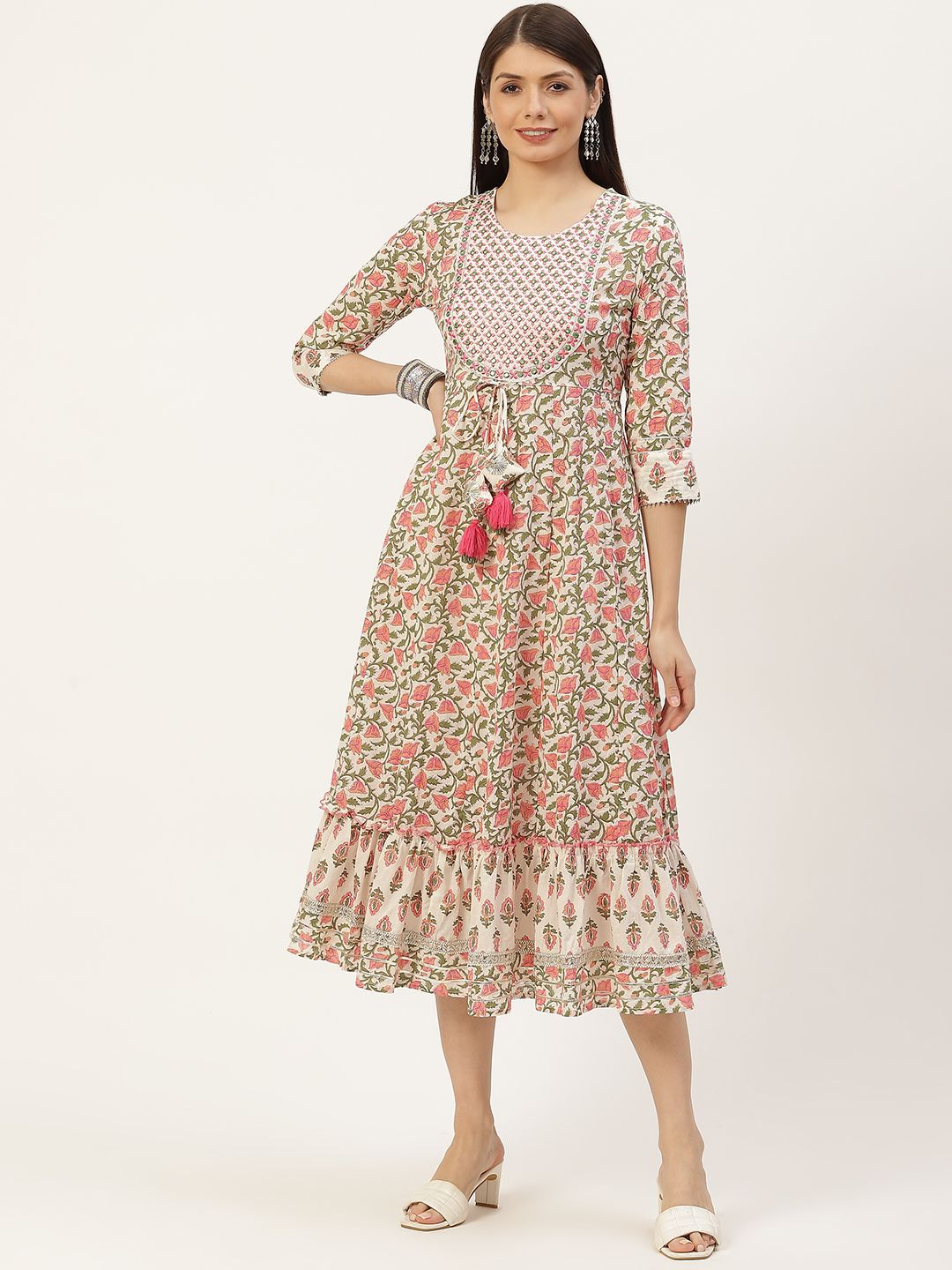 YELLOW CLOUD Cream-Coloured & Pink Ethnic Motifs Printed Pure Cotton Anarkali Ethnic Dress Price in India