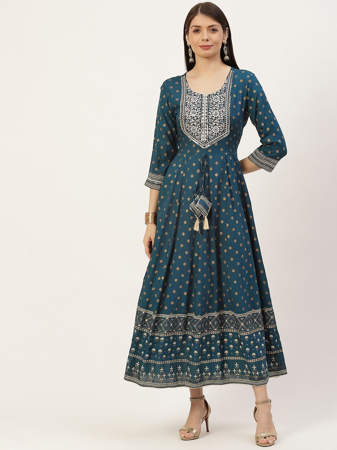 YELLOW CLOUD Teal Blue & Golden Ethnic Motifs Printed  Anarkali Ethnic Dress Price in India