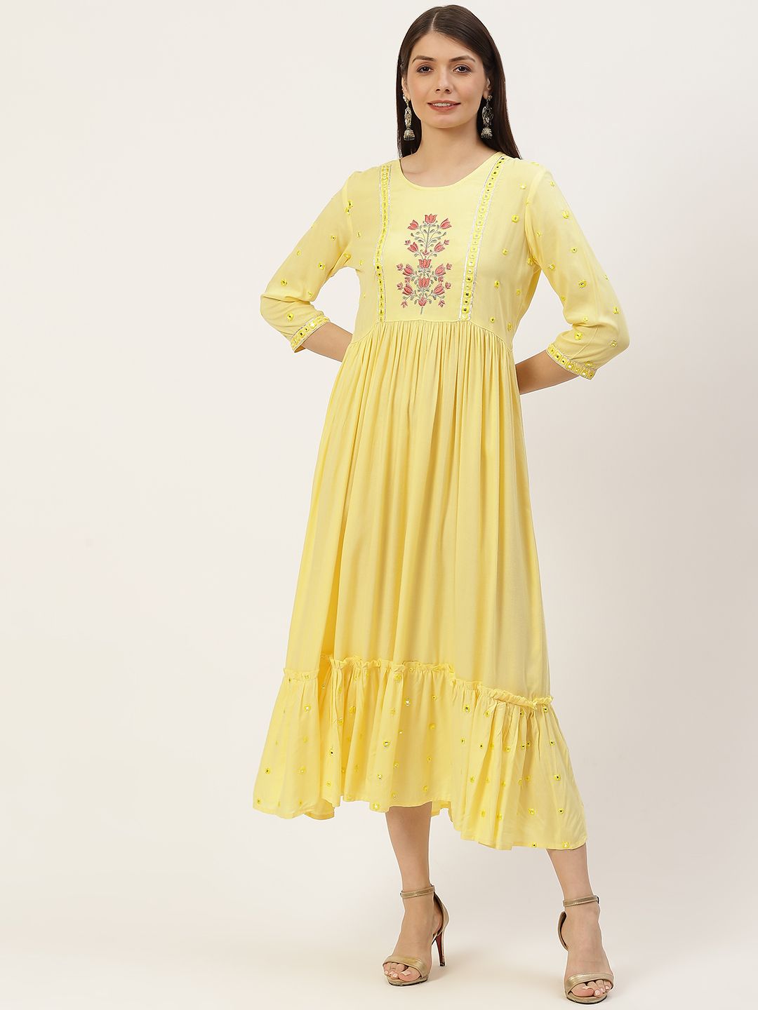 YELLOW CLOUD Yellow Ethnic Motifs Embroidered Yoke Design Tiered A-Line Ethnic Dress Price in India