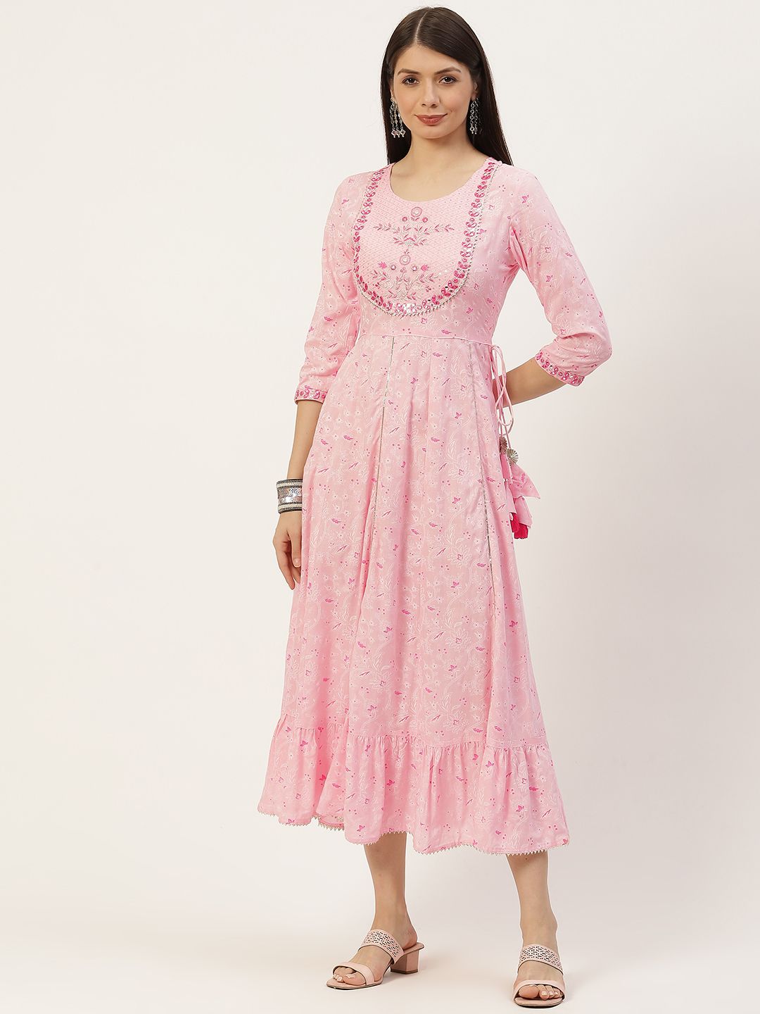 YELLOW CLOUD Pink Ethnic Motifs Printed Pure Cotton Anarkali Ethnic Dress Price in India