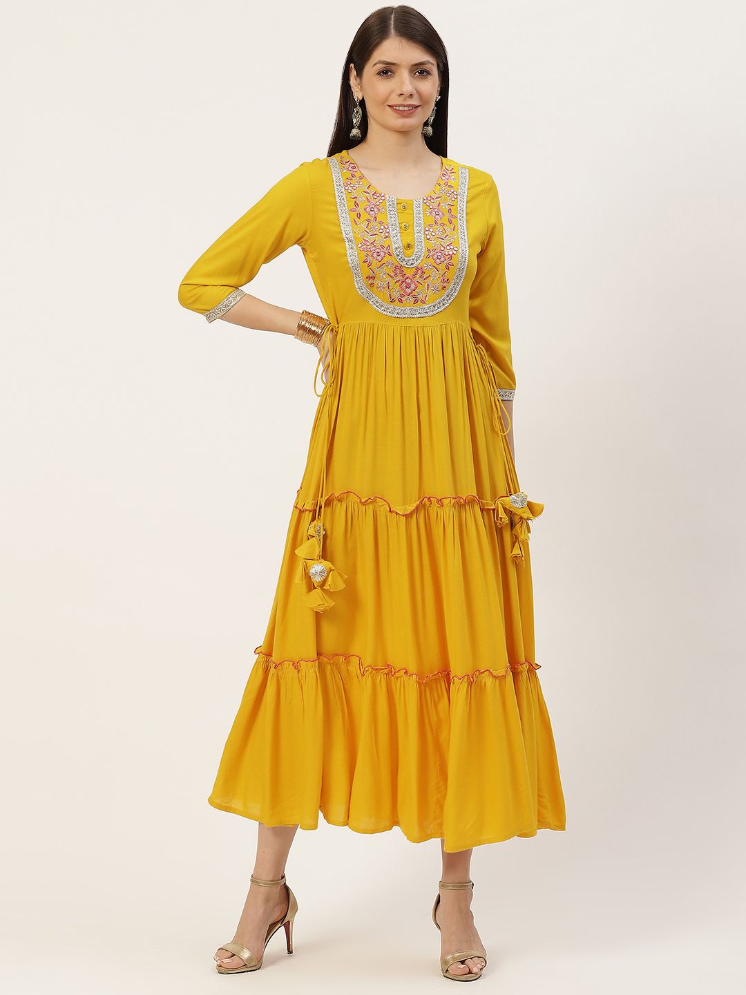 YELLOW CLOUD Mustard Yellow & Pink Ethnic Motifs Yoke Design Tiered Anarkali Ethnic Dress Price in India