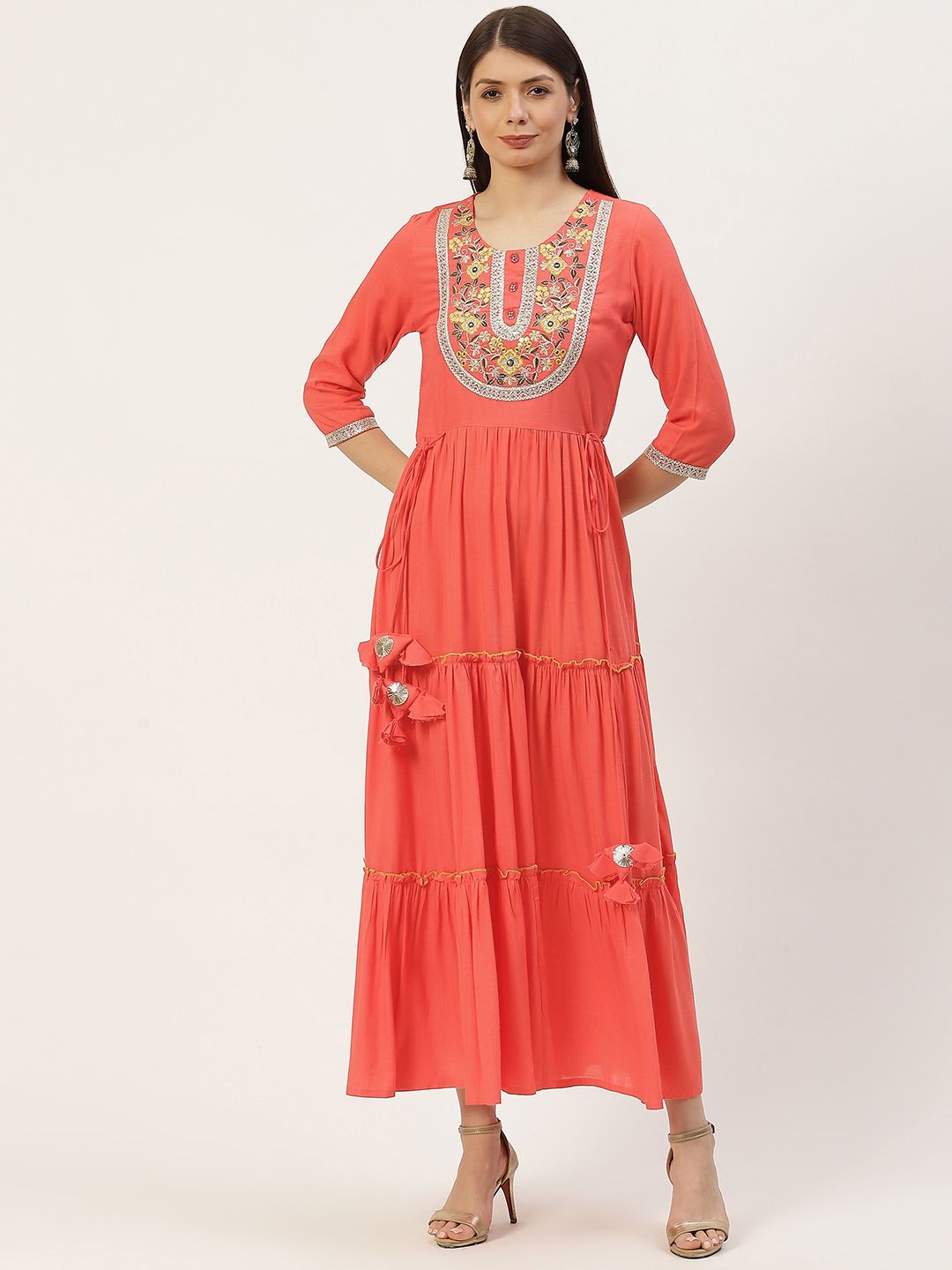 YELLOW CLOUD Coral Red Ethnic Motifs Embroidered Yoke Design Tiered A-Line Ethnic Dress Price in India