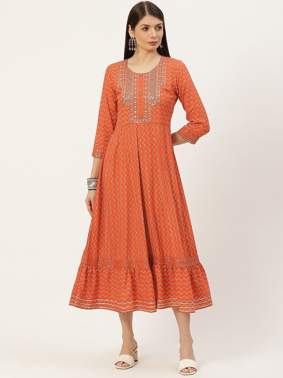 YELLOW CLOUD Rust Orange Chevron Printed Anarkali Ethnic Dress Price in India