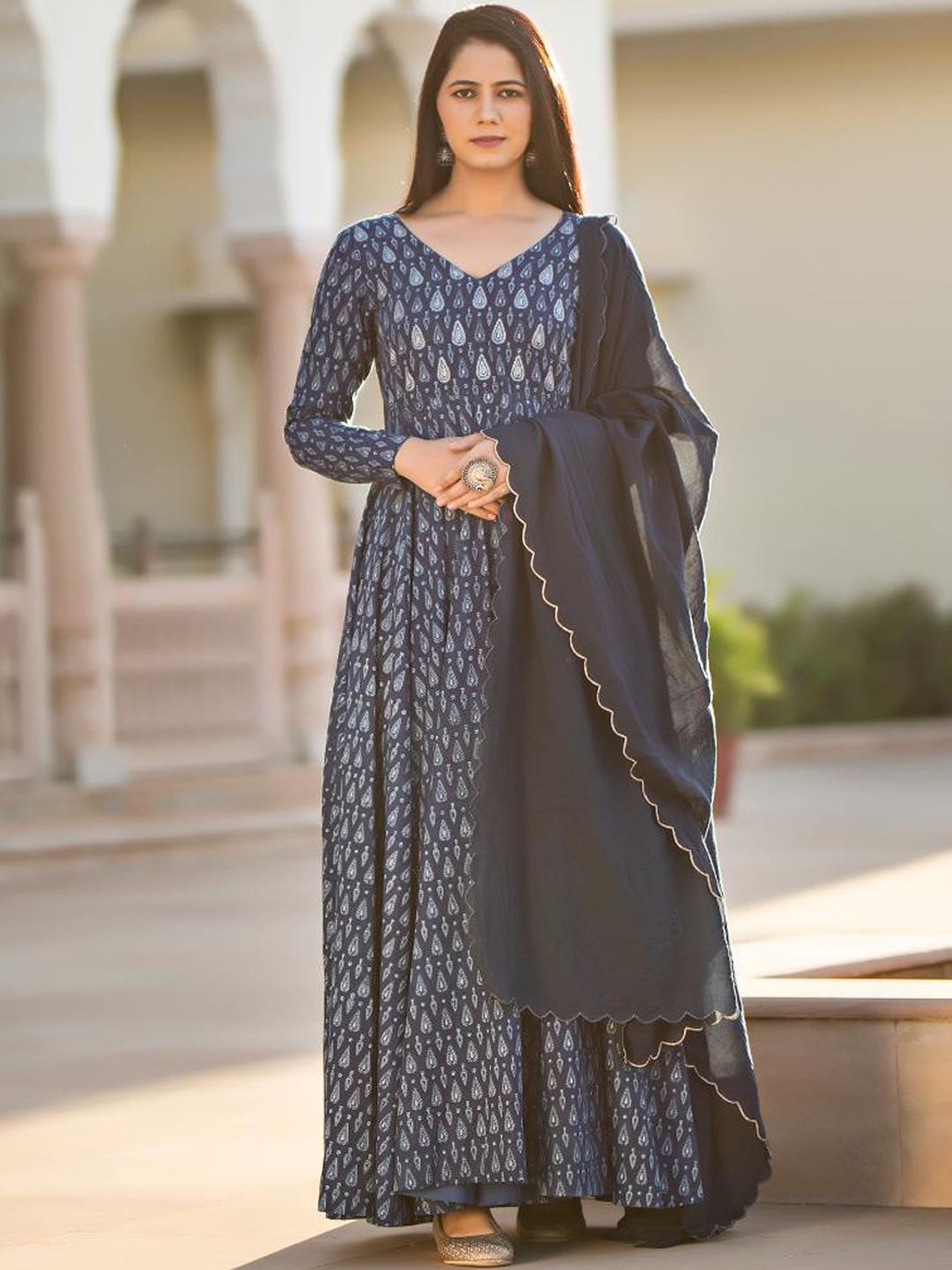 Baisacrafts Women Blue Embroidered Angrakha Pure Cotton Kurta with Skirt & With Dupatta Price in India