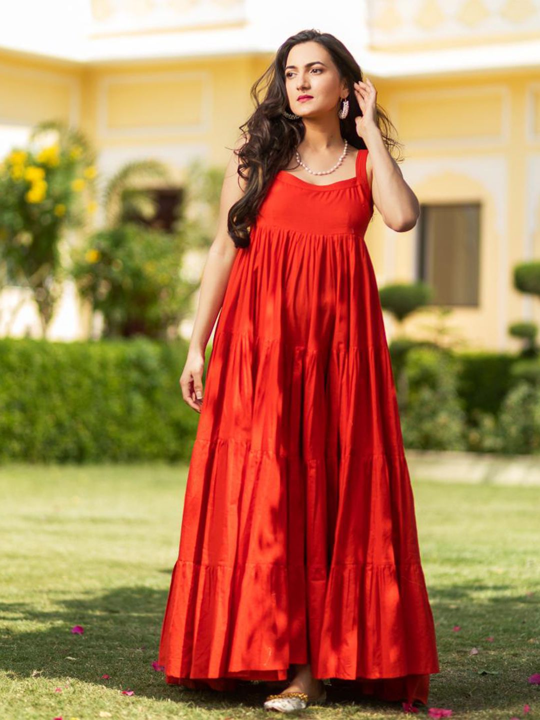 Baisacrafts Women Red Solid Tiered Maxi Dress Price in India