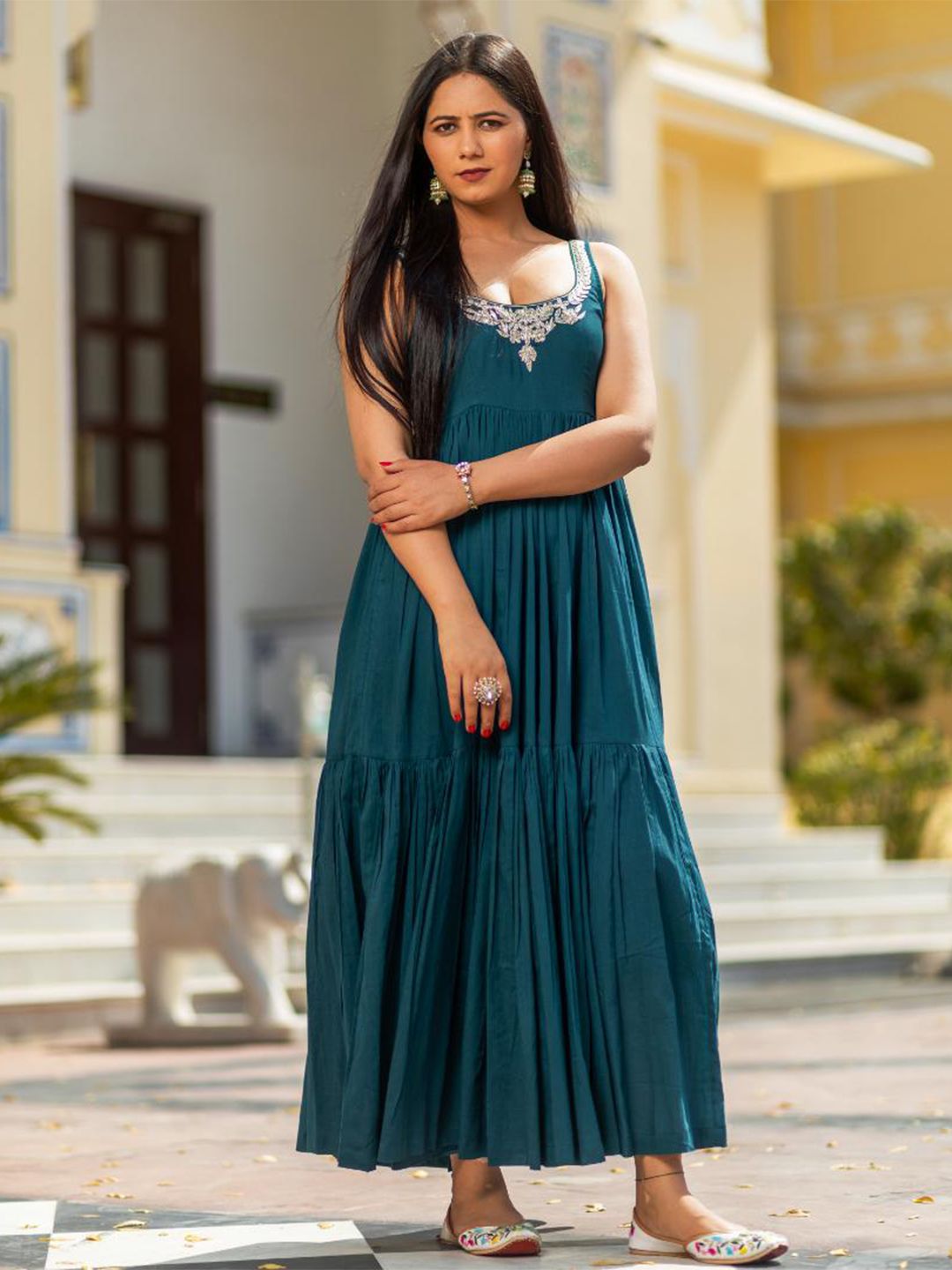 Baisacrafts Green Embroidered Tiered Cotton Ethnic Maxi Dress Price in India