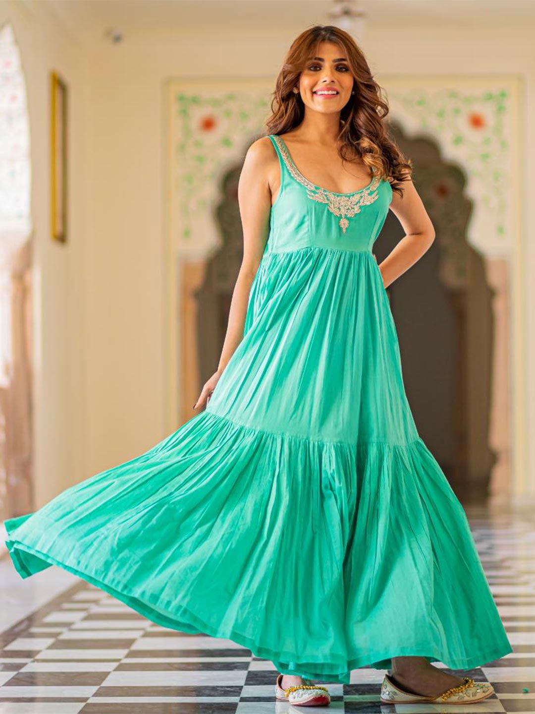 Baisacrafts Teal Green Embroidered Tiered Cotton Ethnic Maxi Dress Price in India