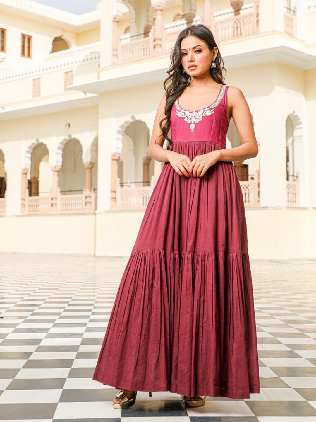 Baisacrafts Maroon Floral Embroidered Cotton Tiered Ethnic Maxi Dress Price in India