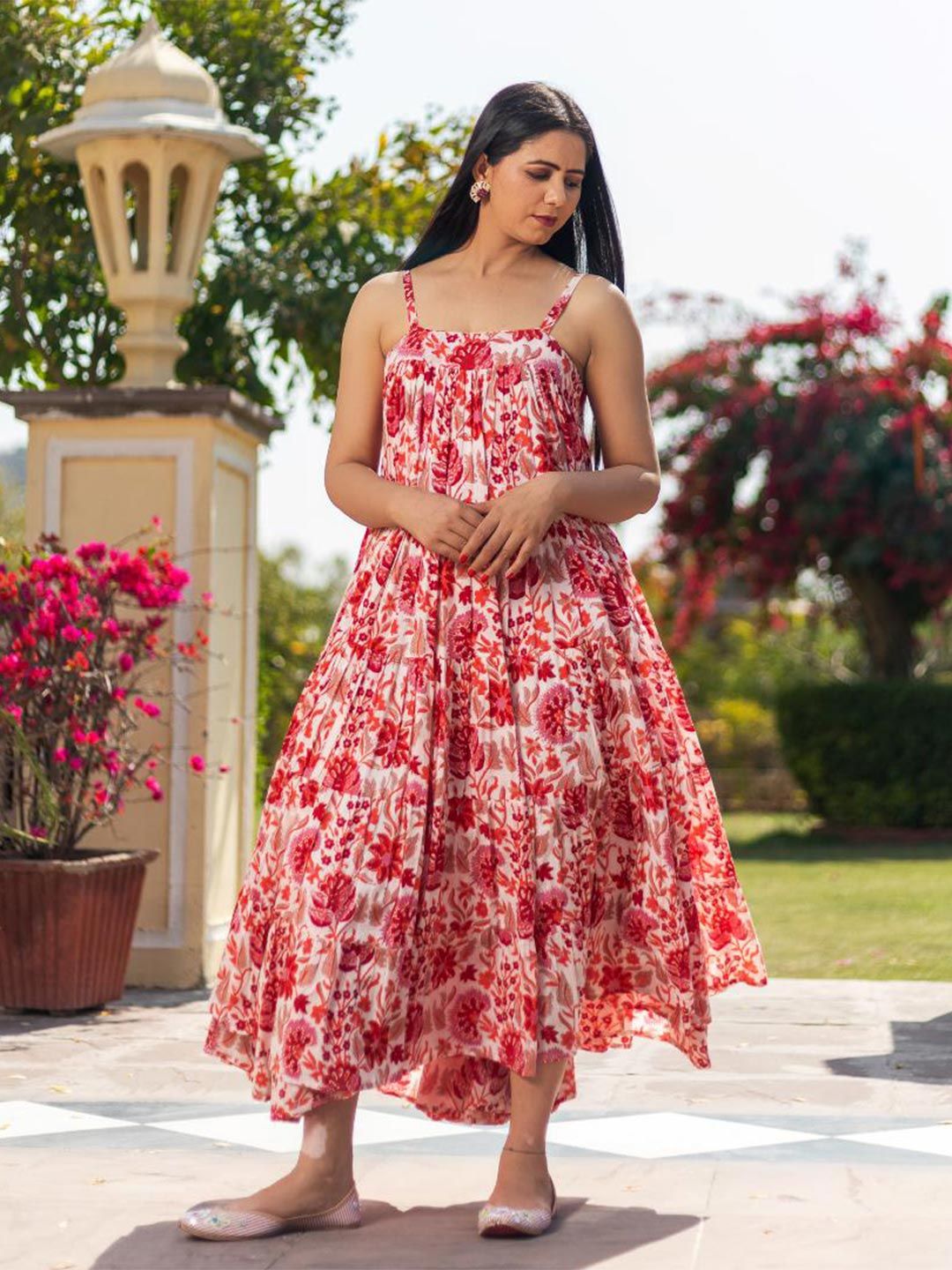 Baisacrafts Red & White Floral Cotton Tiered Maxi Dress Price in India