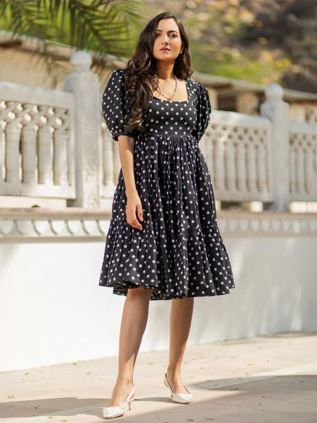 Baisacrafts Black & White Polka Dot Tiered Cotton Dress Price in India