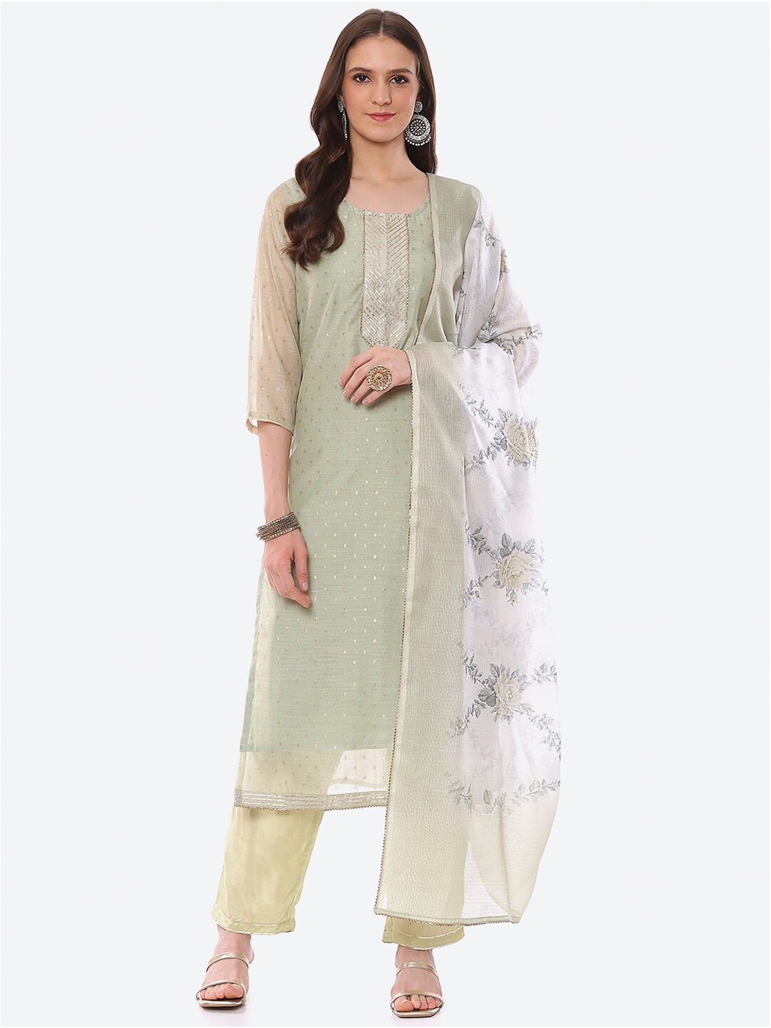 Biba Women Green & Grey Unstitched Dress Material Price in India