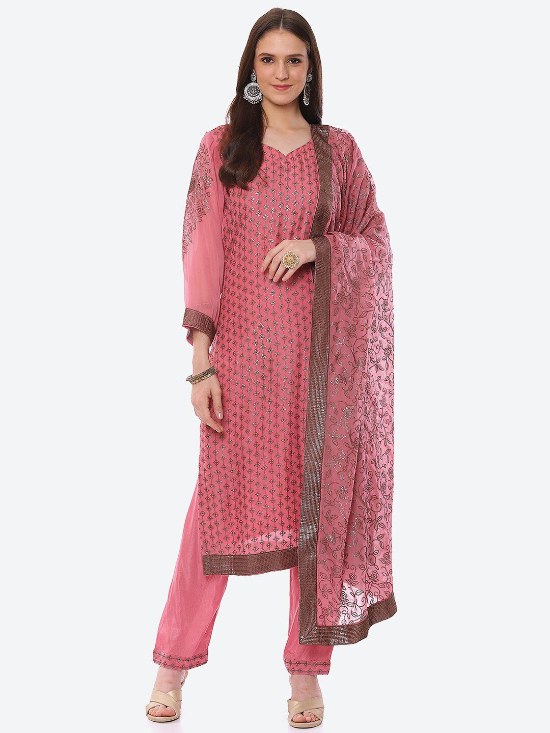 Biba Pink & Silver-Toned Embellished Organza Unstitched Dress Material Price in India