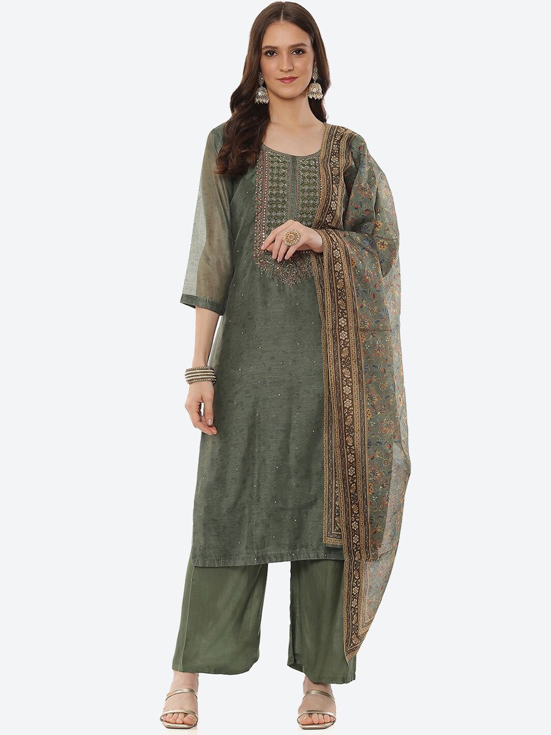 Biba Women Green & Yellow Embroidered Unstitched Dress Material Price in India