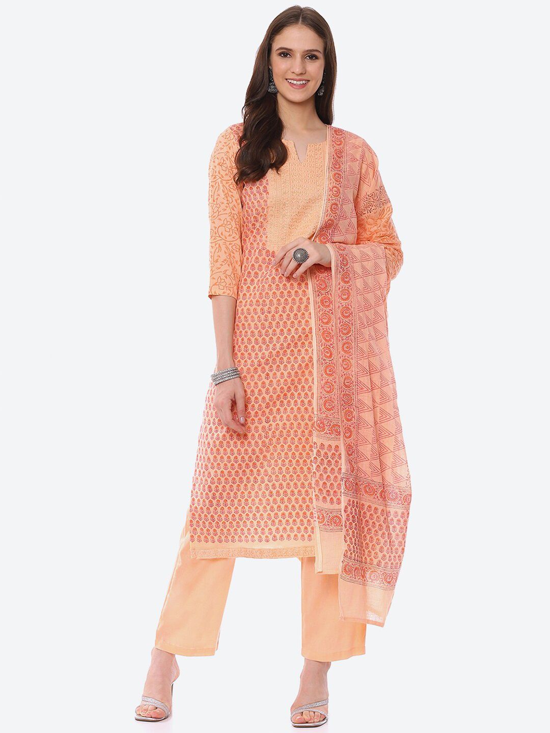 Biba Peach-Coloured & Pink Unstitched Dress Material Price in India