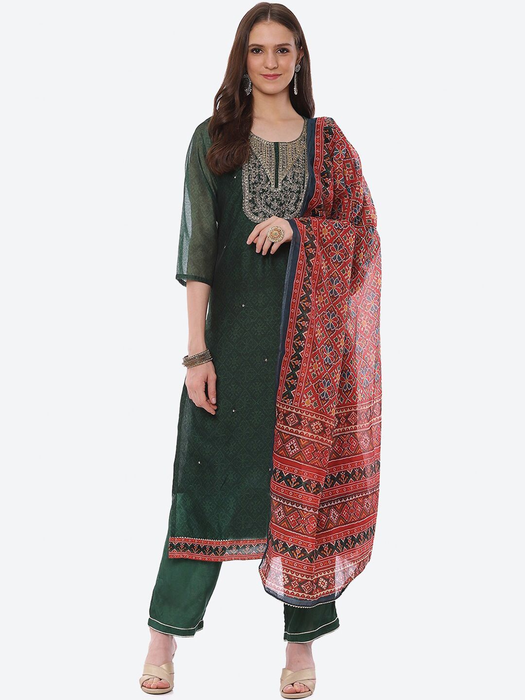 Biba Green & Pink Unstitched Dress Material Price in India
