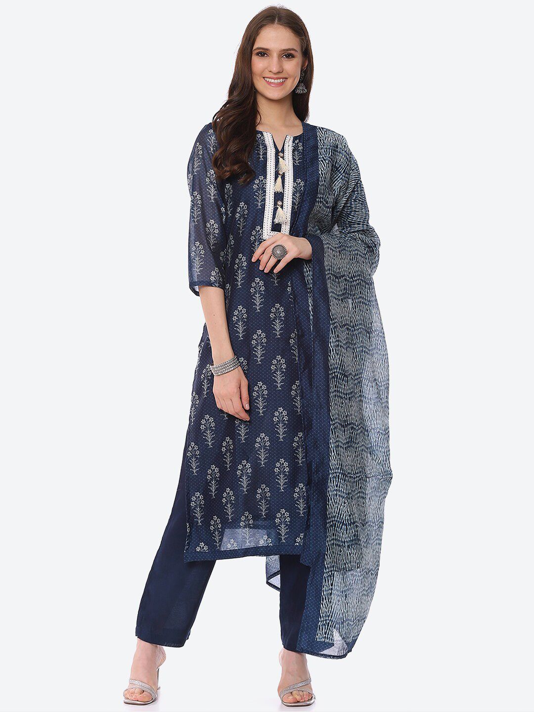 Biba Blue & White Unstitched Dress Material Price in India