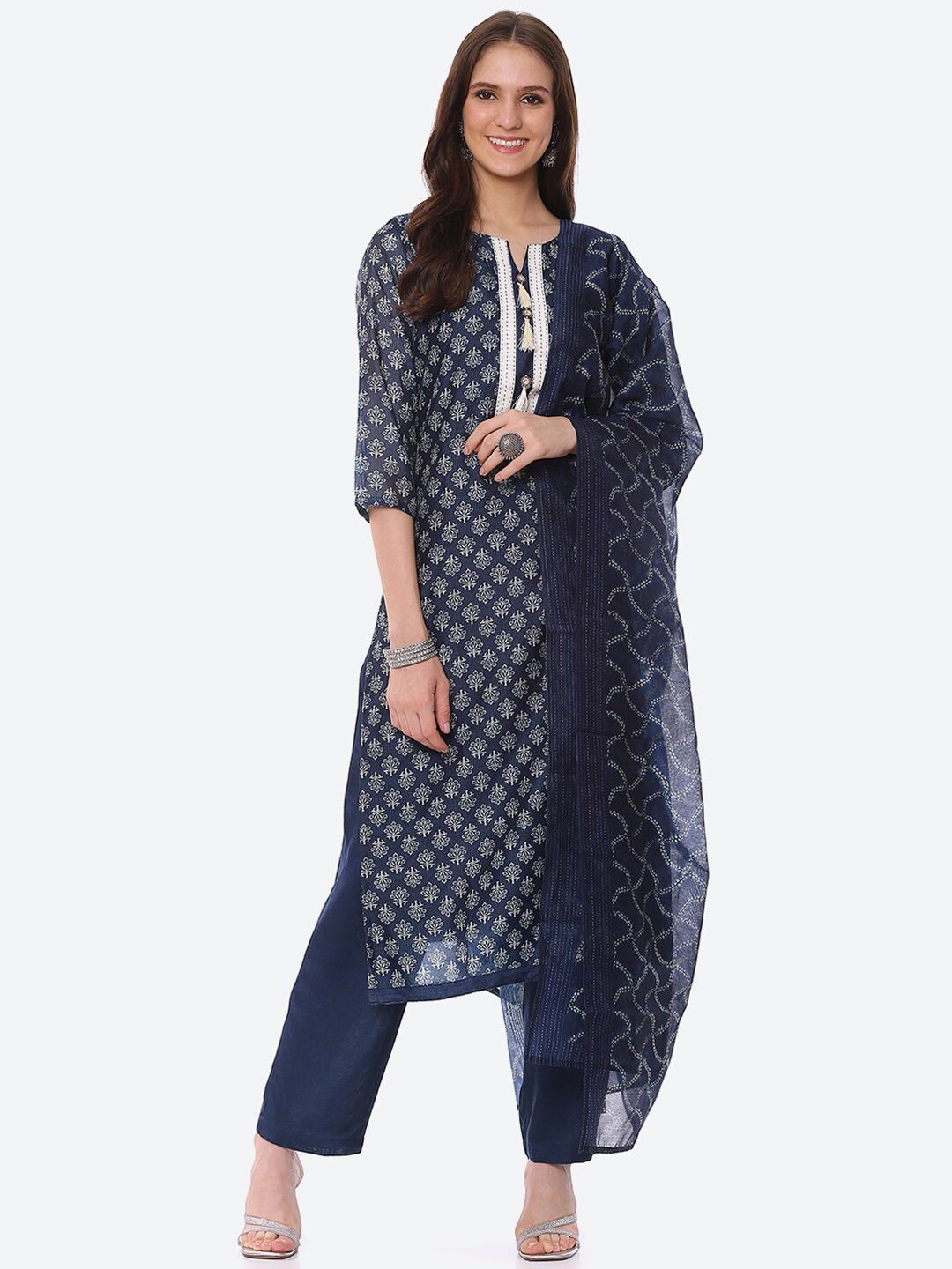 Biba Blue & White Printed Unstitched Dress Material Price in India