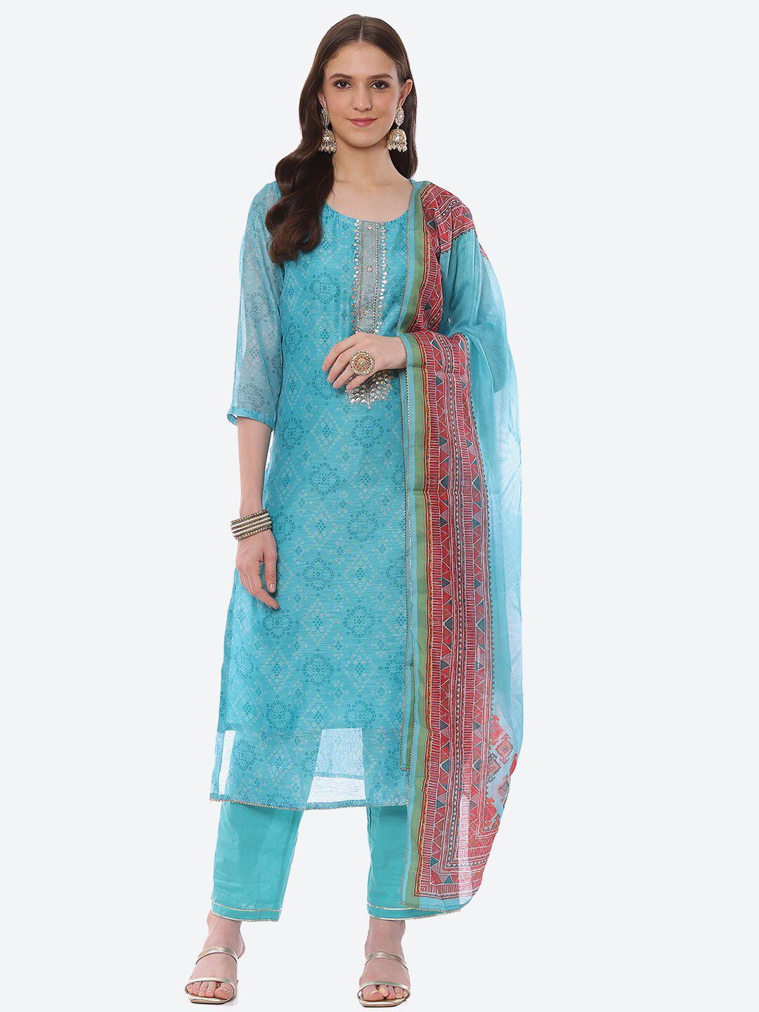 Biba Blue & Red Printed Unstitched Dress Material Price in India