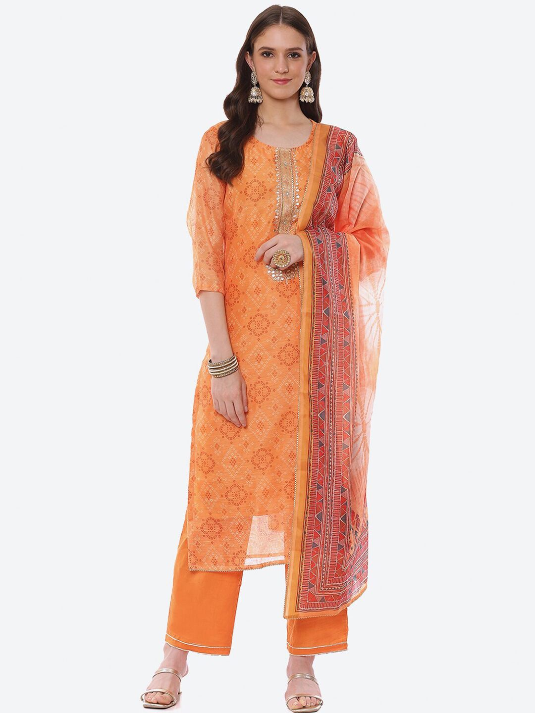 Biba Yellow & Orange Printed Unstitched Dress Material Price in India