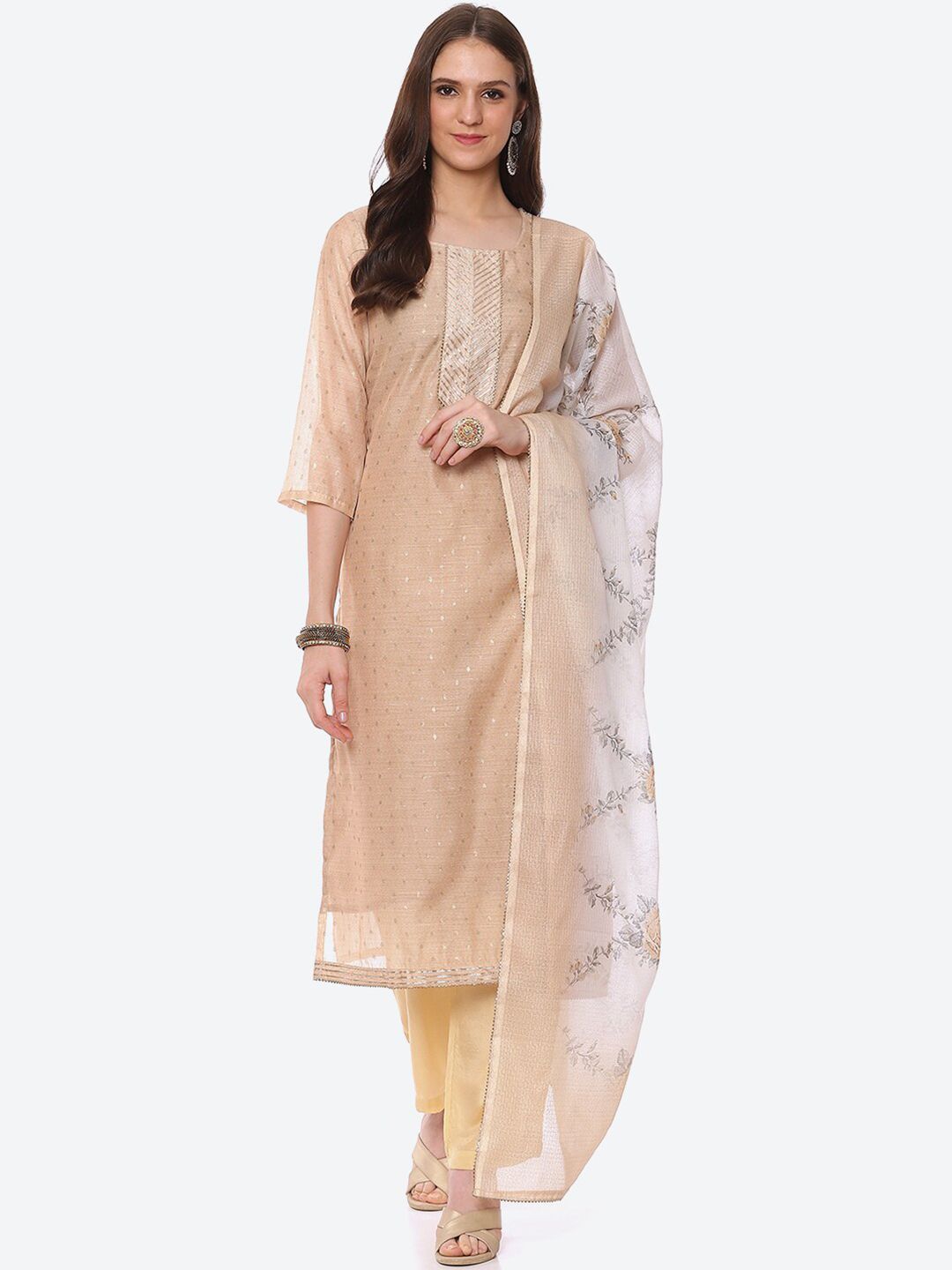 Biba Women Yellow & Grey Unstitched Dress Material Price in India