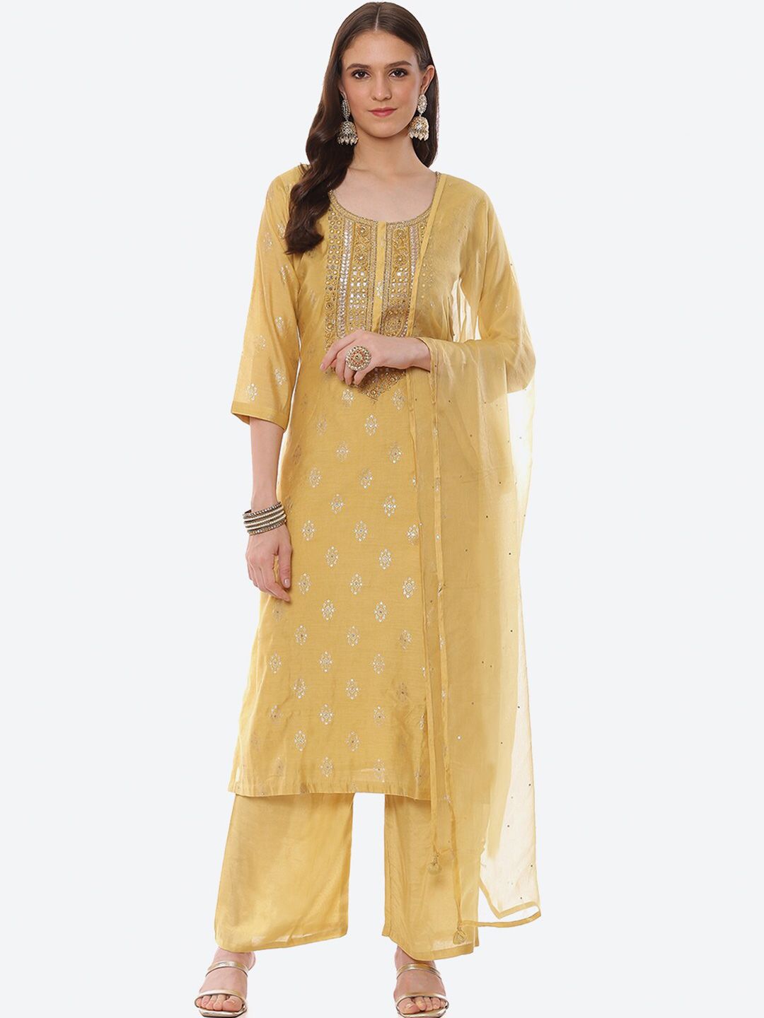 Biba Women Yellow & Silver-Toned Embellished Unstitched Dress Material Price in India