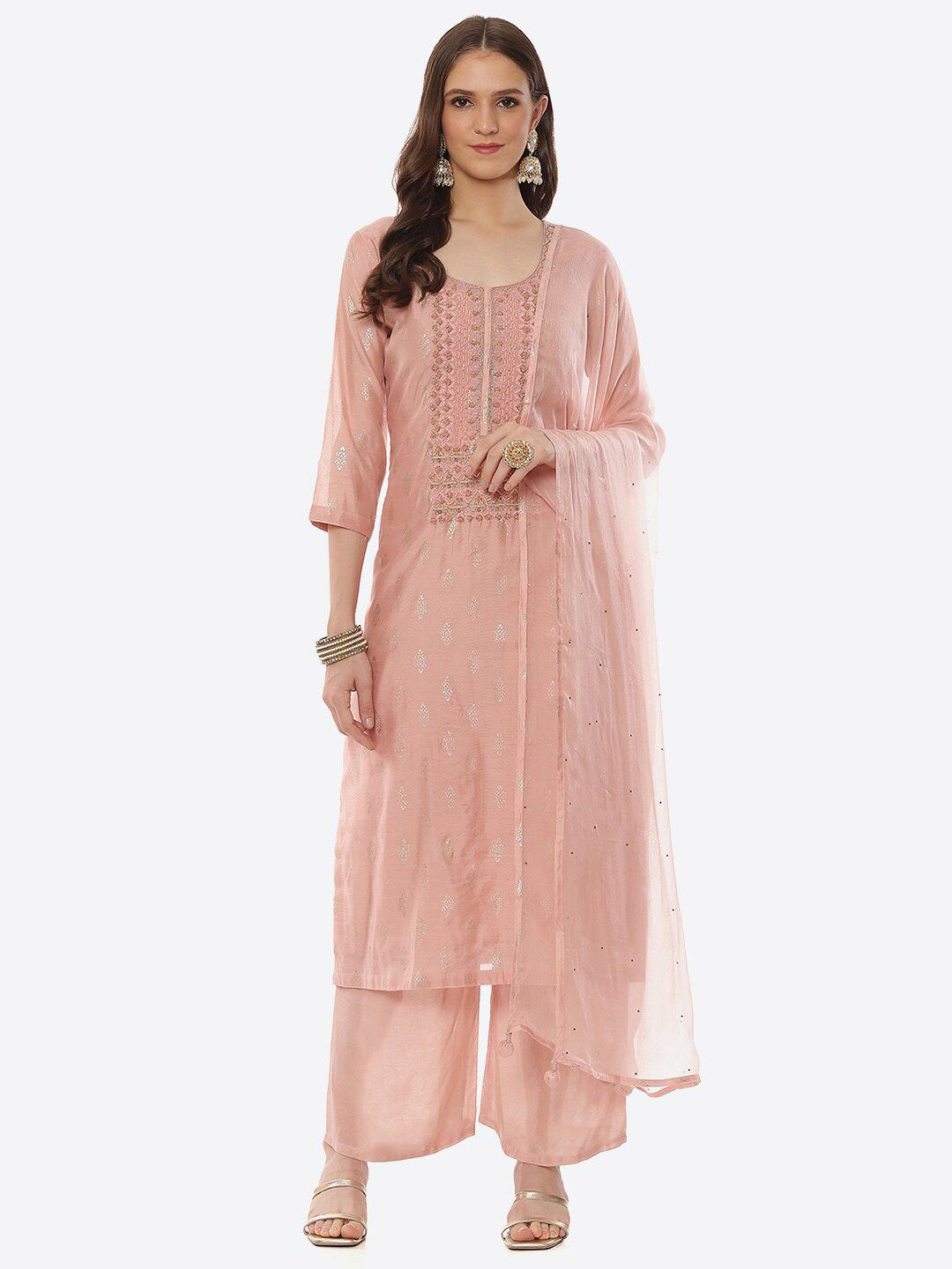 Biba Pink Embellished Unstitched Dress Material Price in India