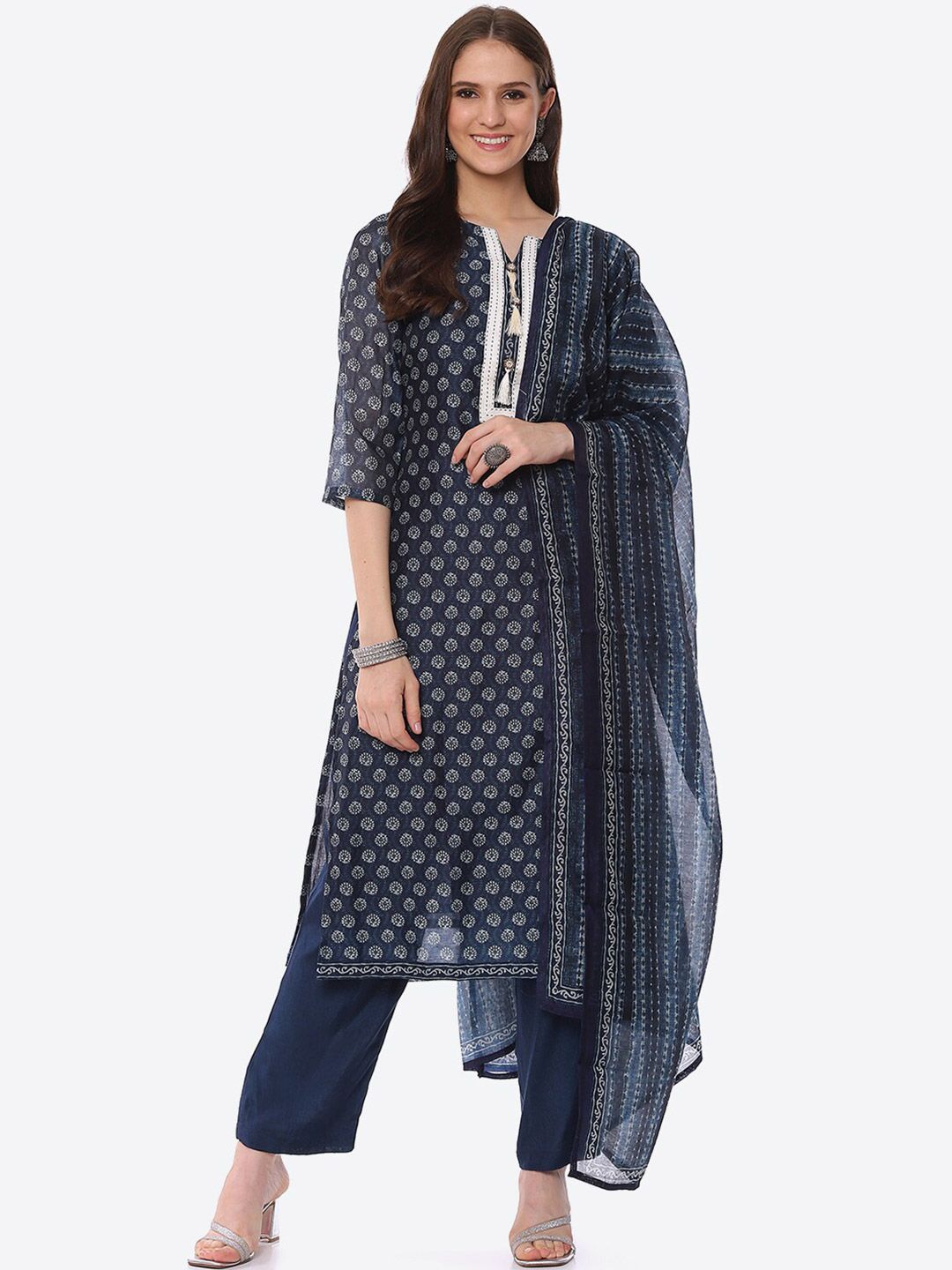 Biba Blue & White Printed Unstitched Dress Material Price in India