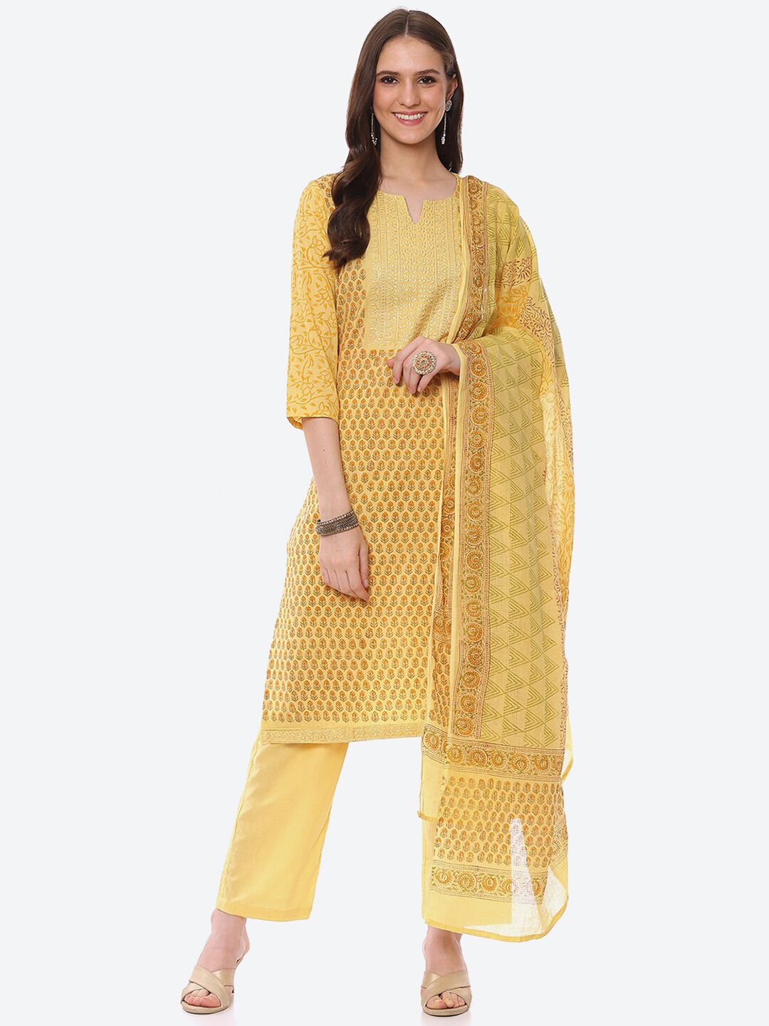 Biba Women Yellow & Orange Printed Unstitched Dress Material Price in India