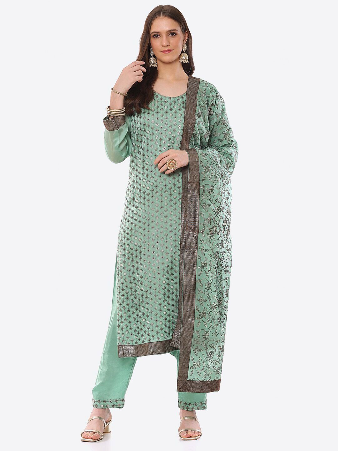 Biba Women Green & Grey Embroidered Organza Unstitched Dress Material Price in India