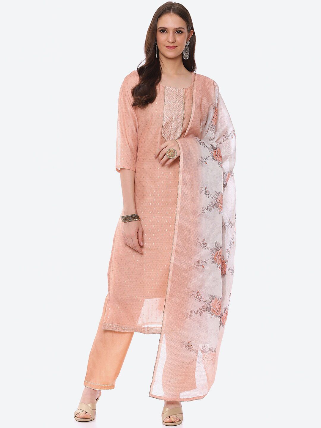 Biba Peach-Coloured & White Unstitched Dress Material Price in India