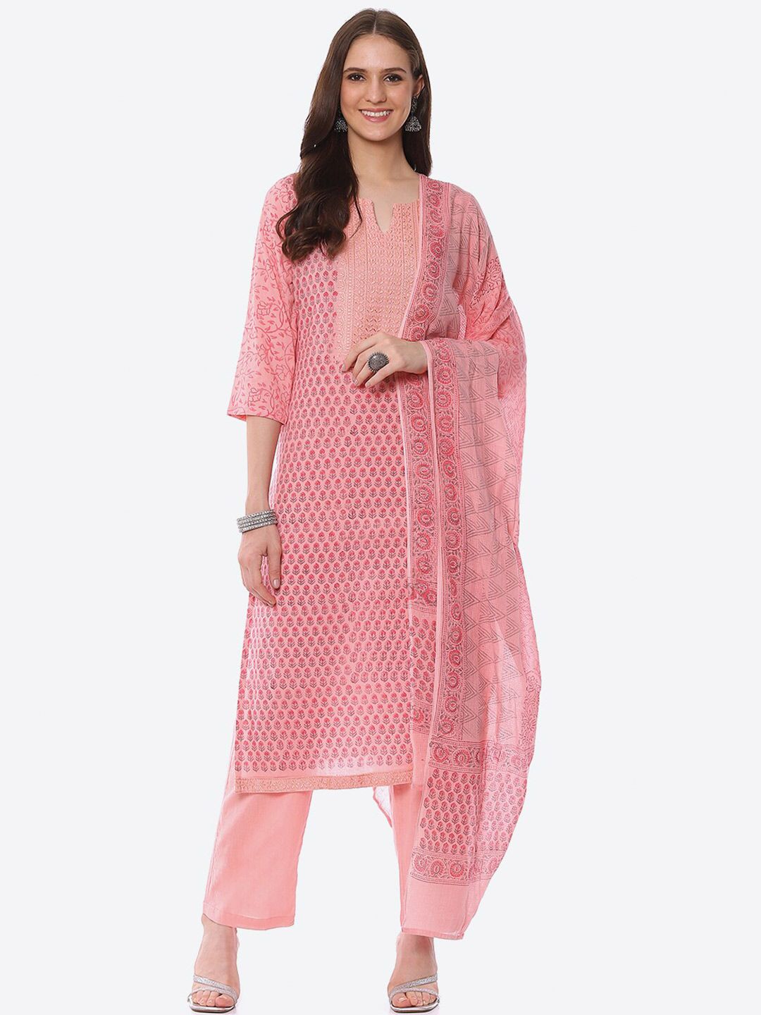 Biba Pink Printed Unstitched Dress Material Price in India