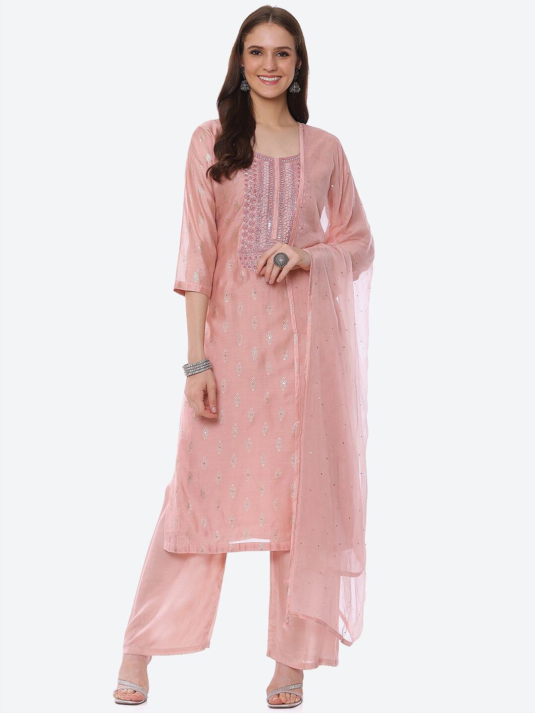 Biba Peach-Coloured & Silver-Toned Embroidered Unstitched Dress Material Price in India