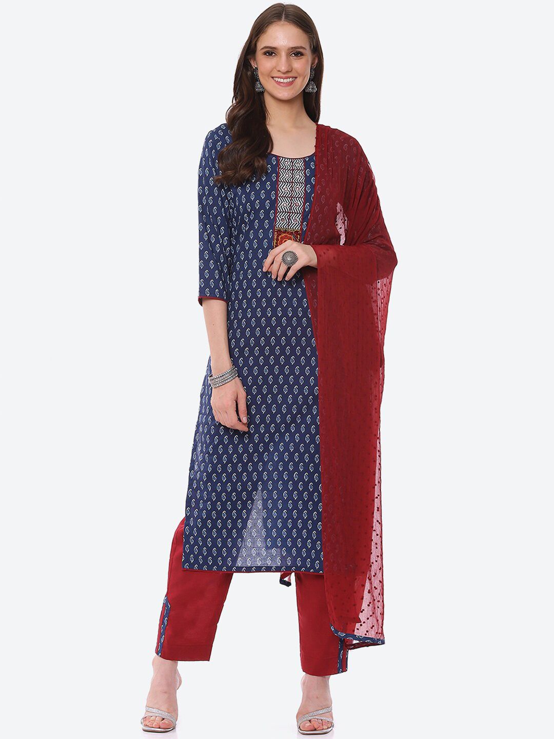 Biba Navy Blue & Red Printed Unstitched Dress Material Price in India