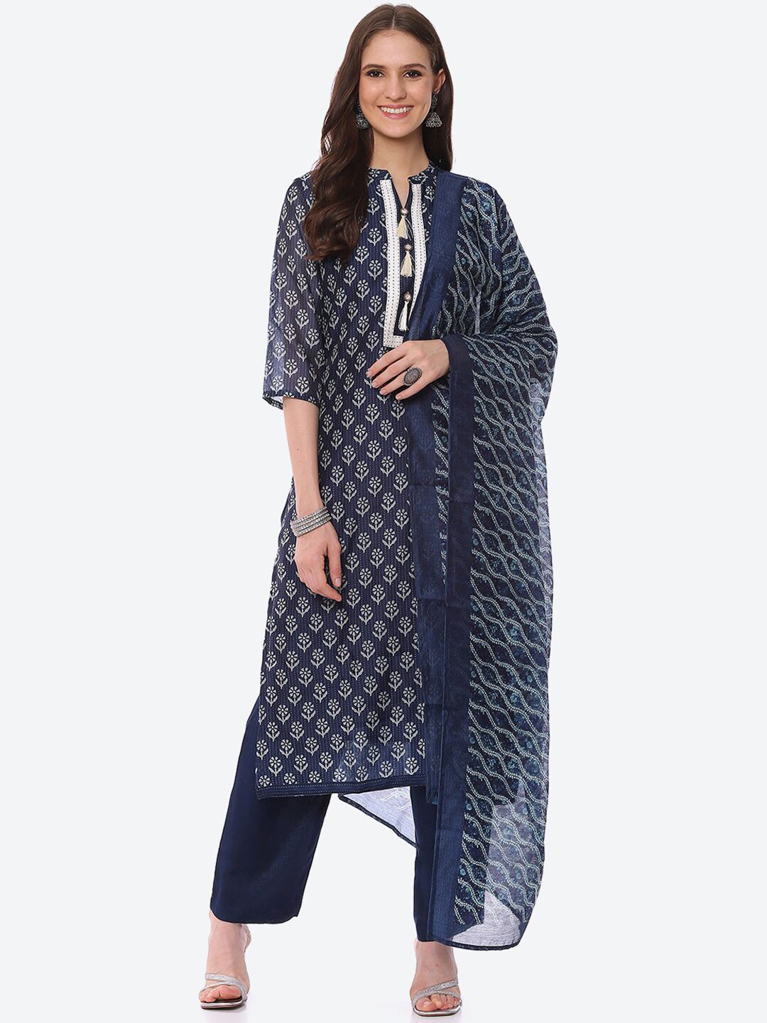 Biba Blue & Off White Printed Unstitched Dress Material Price in India