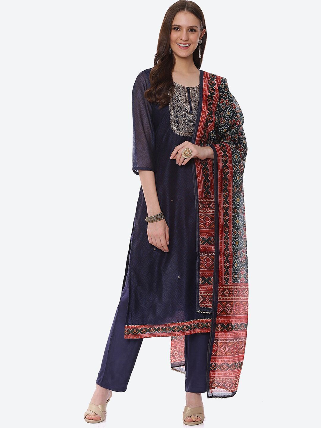 Biba Navy Blue & Maroon Printed Unstitched Dress Material Price in India