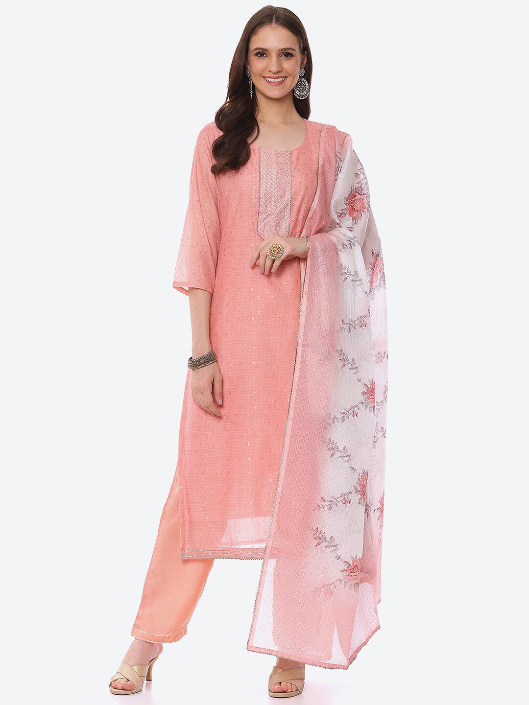Biba Pink & Gold-Toned Printed Unstitched Dress Material Price in India