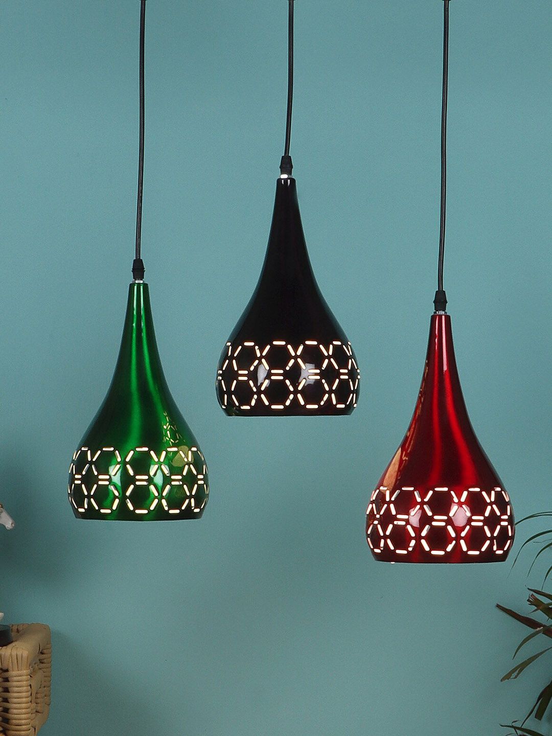 MFD HOME FURNISHING Set of 3 Green & Red Printed Ceiling Lamps Price in India