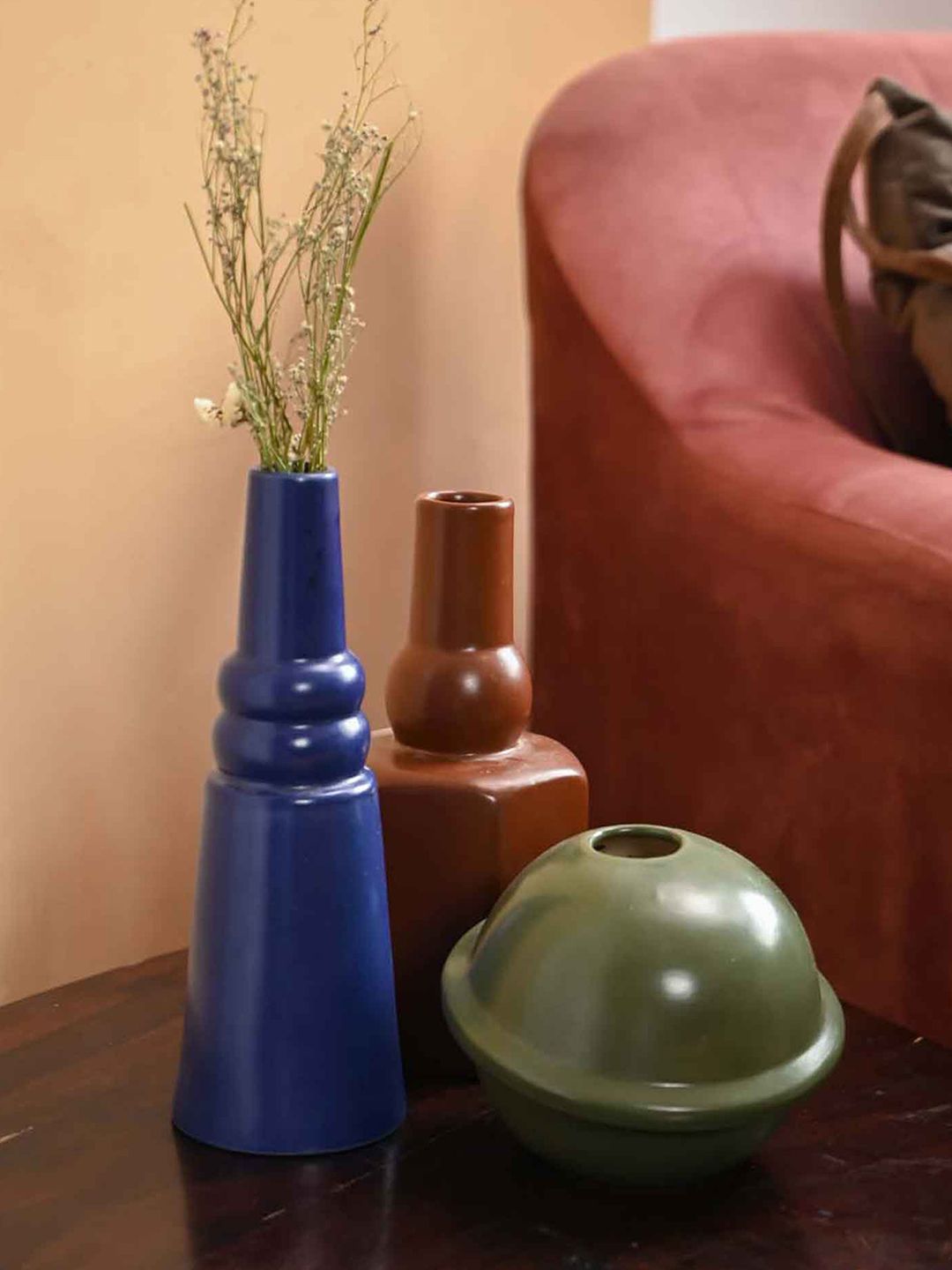 PUREZENTO Set Of 3 Red , Green & Blue Solid Ceramic Vases Price in India