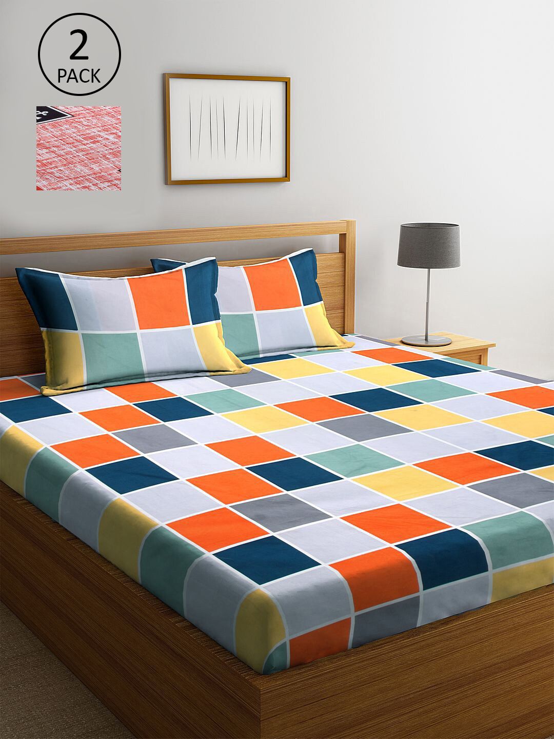 KLOTTHE Set Of 2 Blue & Red Geometric 210 TC 2 King Bedsheet with 4 Pillow Covers Price in India