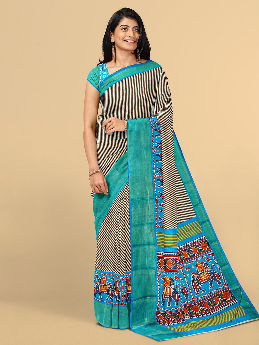 Kalamandir Brown & Blue Ethnic Motifs Linen Blend Saree Price in India