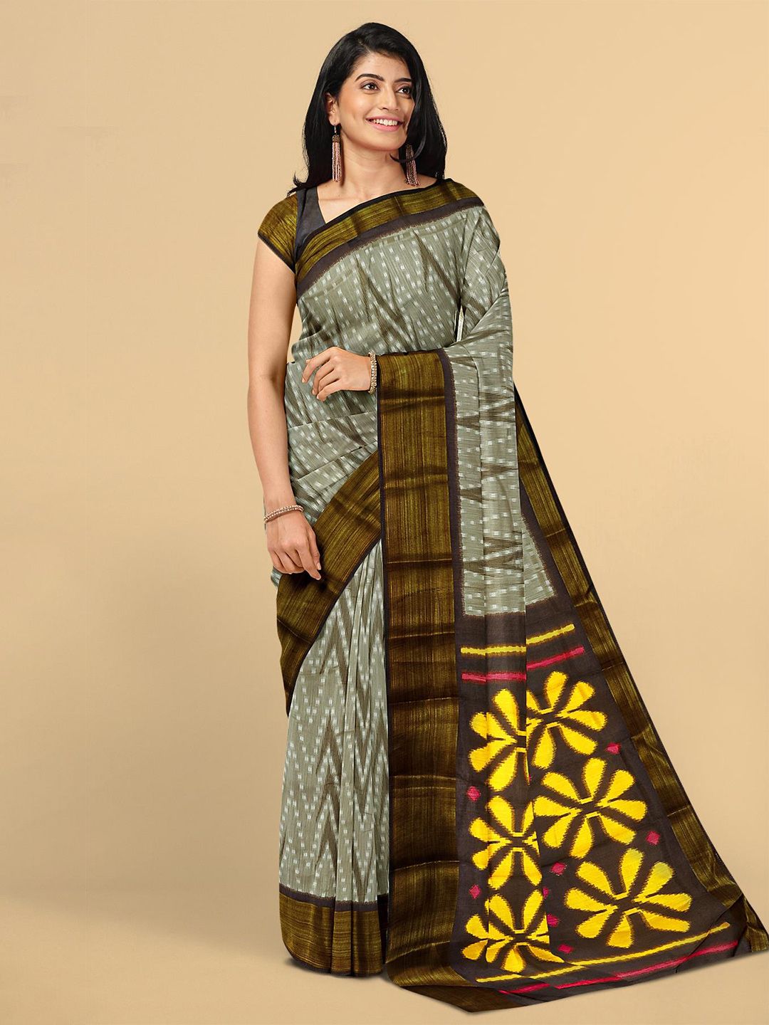 Kalamandir Brown & Grey Zari Linen Blend Saree Price in India