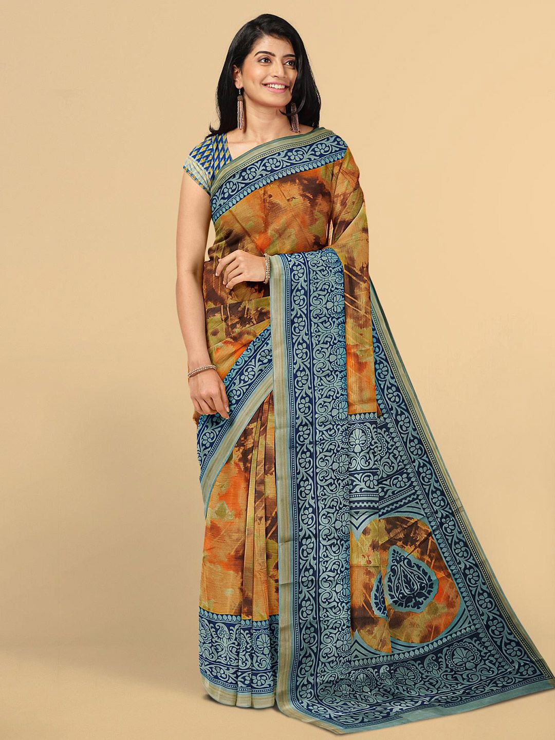Kalamandir Blue & Beige Cotton Blend Shibori Print Saree Price in India