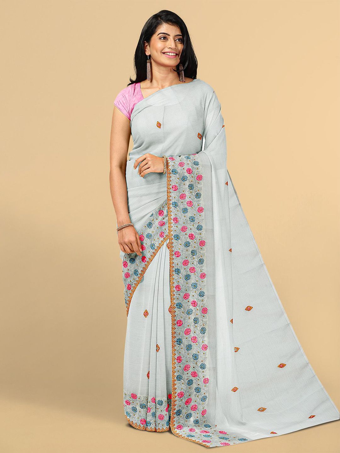 Kalamandir Grey Floral Embroidered Silk Blend Saree Price in India