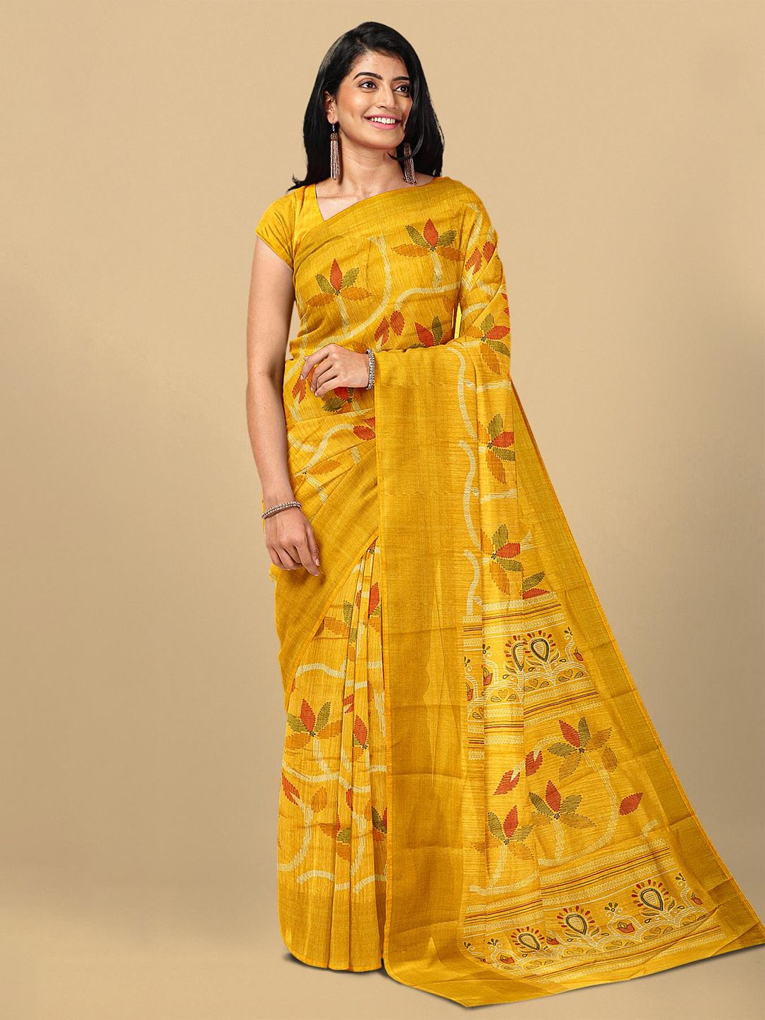 Kalamandir Yellow & Red Floral Jute Silk Saree Price in India