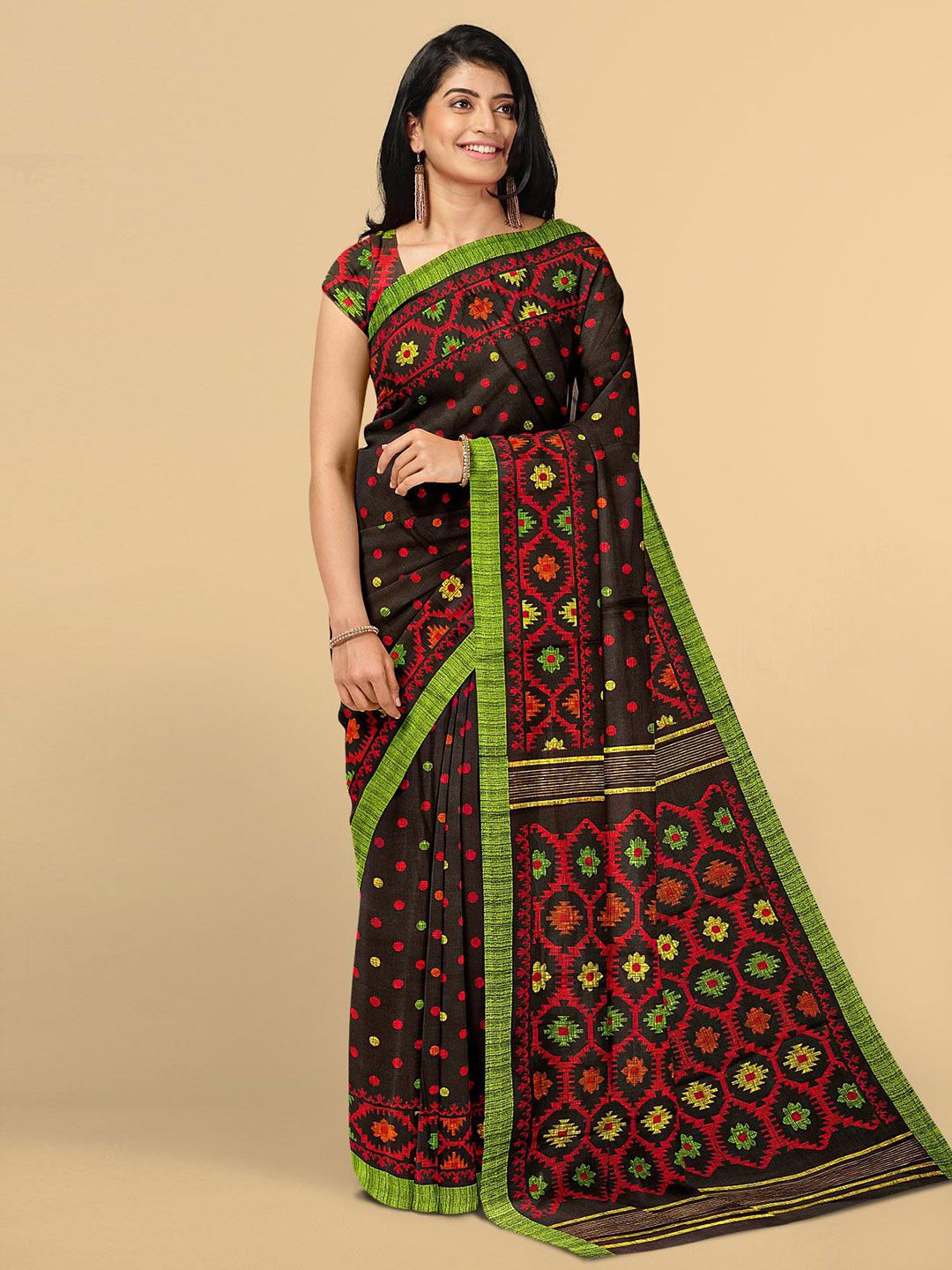 Kalamandir Women Brown & Red Printed Jute Silk Saree Price in India