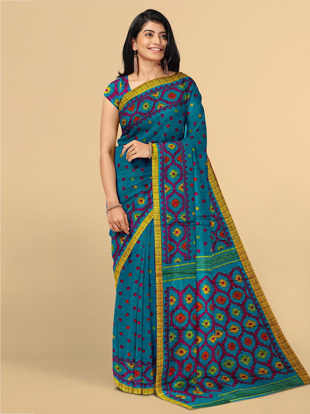 Kalamandir Women Blue & Pink Floral Jute Silk Saree Price in India