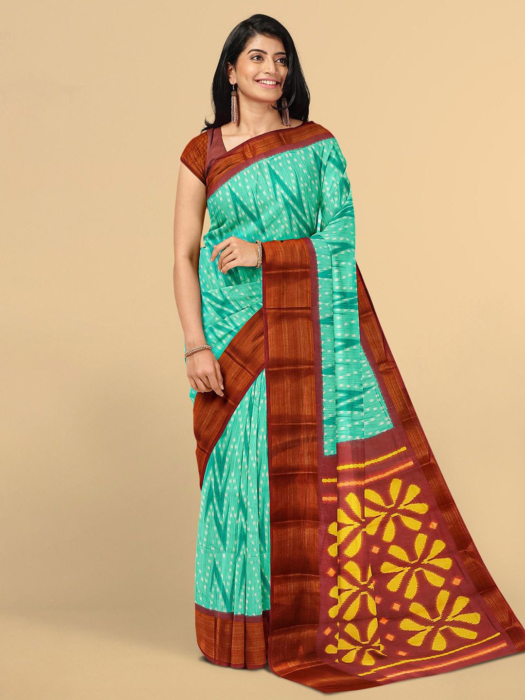 Kalamandir Sea Green & Brown Printed Linen Blend Saree Price in India