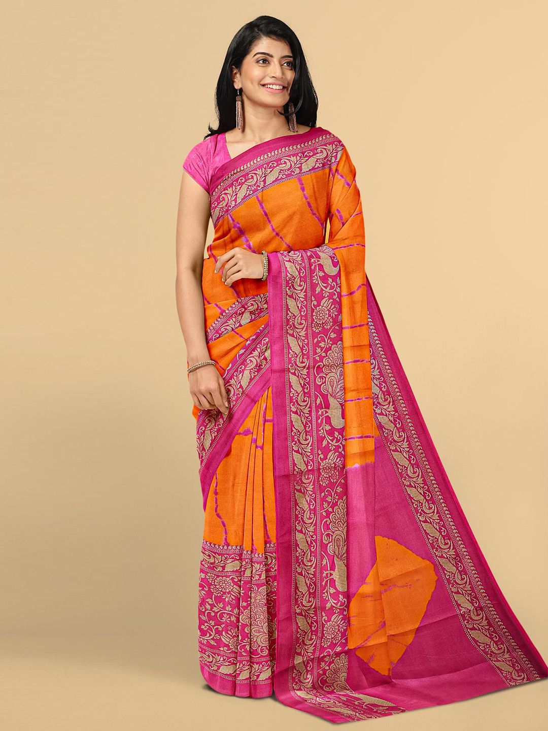 Kalamandir Orange & Pink  Shibori Print  Jute Silk Saree Price in India